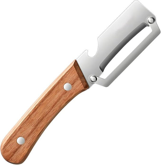 Multi-Functional Stainless Steel Vegetable Peeler with Wooden Handle & Bottle Opener