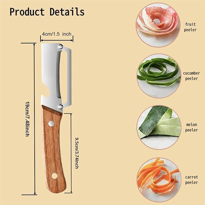 Multi-Functional Stainless Steel Vegetable Peeler with Wooden Handle & Bottle Opener