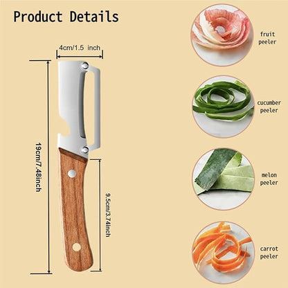 Multi-Functional Stainless Steel Vegetable Peeler with Wooden Handle & Bottle Opener