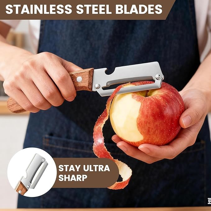 Multi-Functional Stainless Steel Vegetable Peeler with Wooden Handle & Bottle Opener