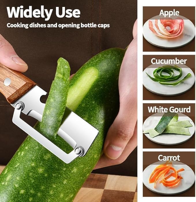 Multi-Functional Stainless Steel Vegetable Peeler with Wooden Handle & Bottle Opener