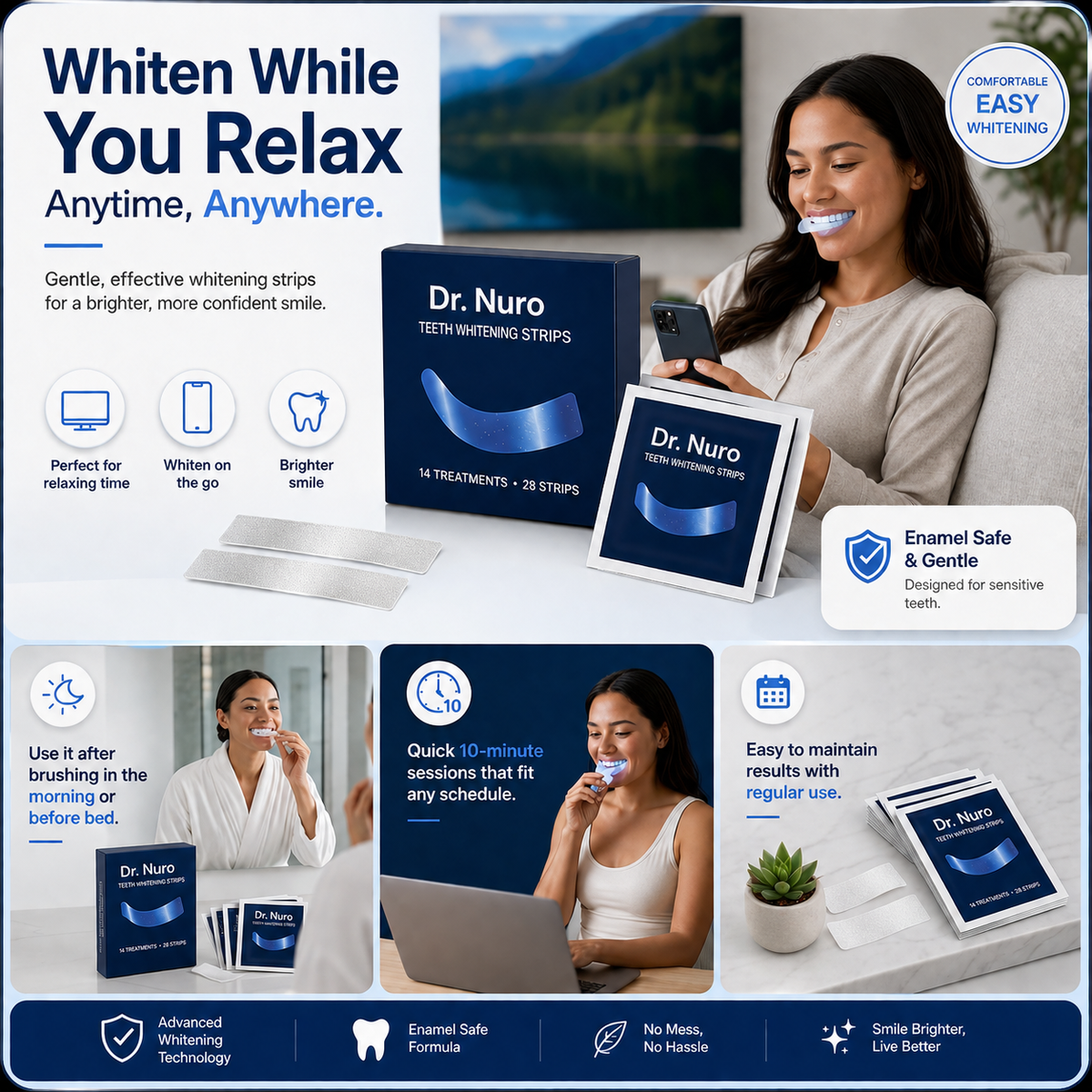 Dr. Nuro Teeth Whitening Strips | 14 Treatments | Enamel Safe Formula