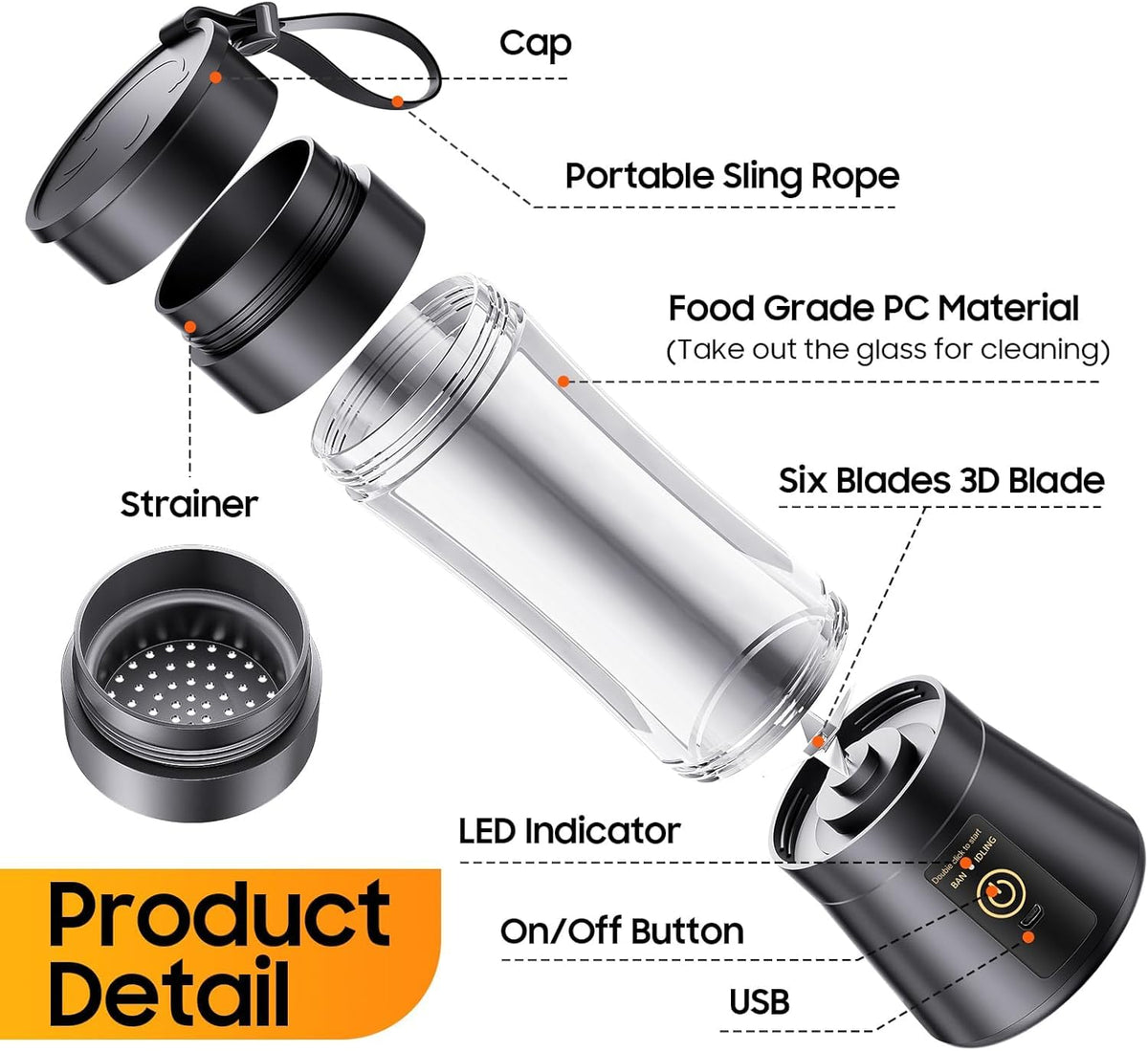 Portable Blender, Mini Personal Blender Bottles for shakes and smoothies, Cordless with USB Rechargeable To Go Mixer Electric juicer Cup for Fruit Juice Protein mixes Travel Juice Maker