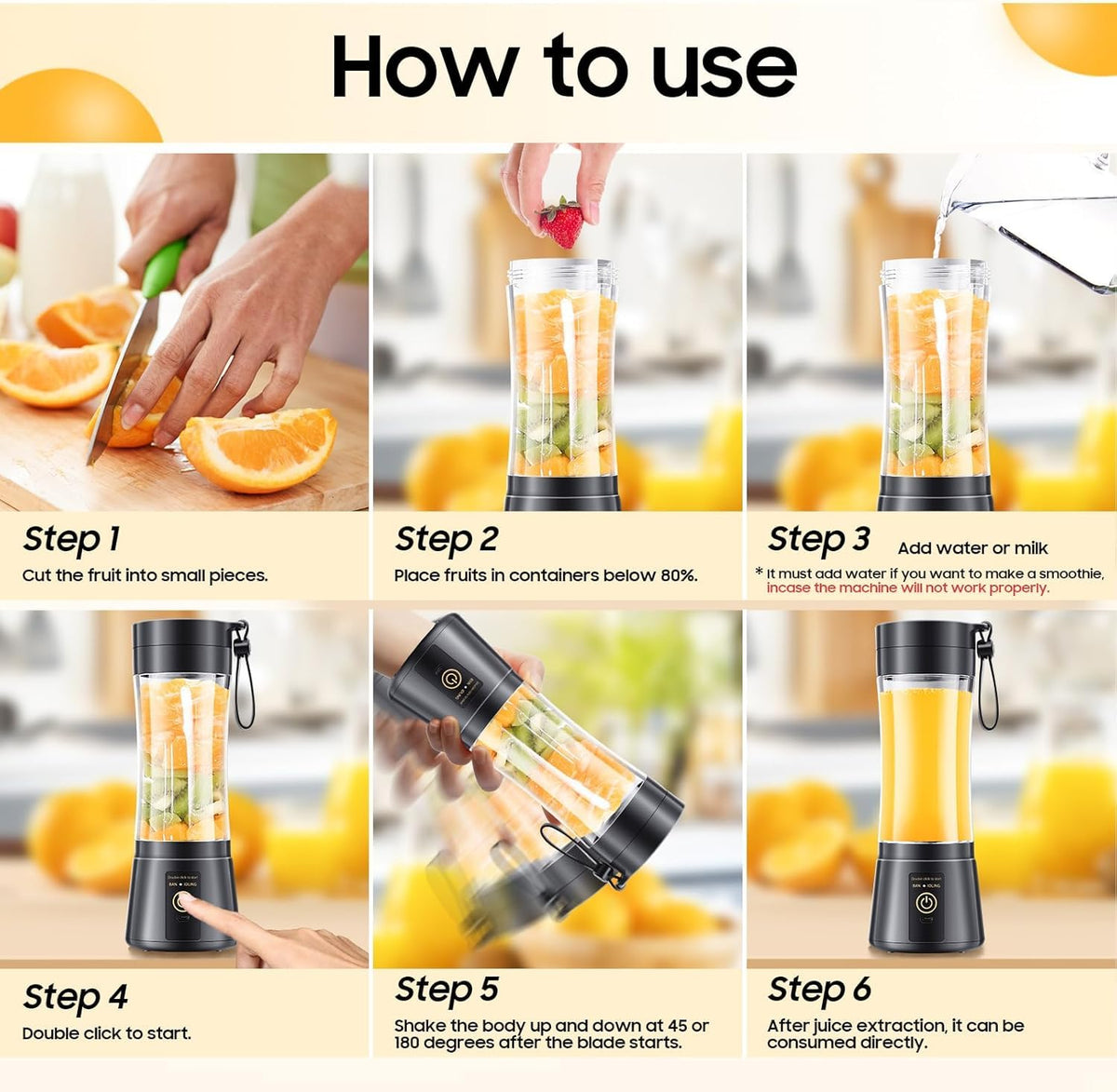 Portable Blender, Mini Personal Blender Bottles for shakes and smoothies, Cordless with USB Rechargeable To Go Mixer Electric juicer Cup for Fruit Juice Protein mixes Travel Juice Maker