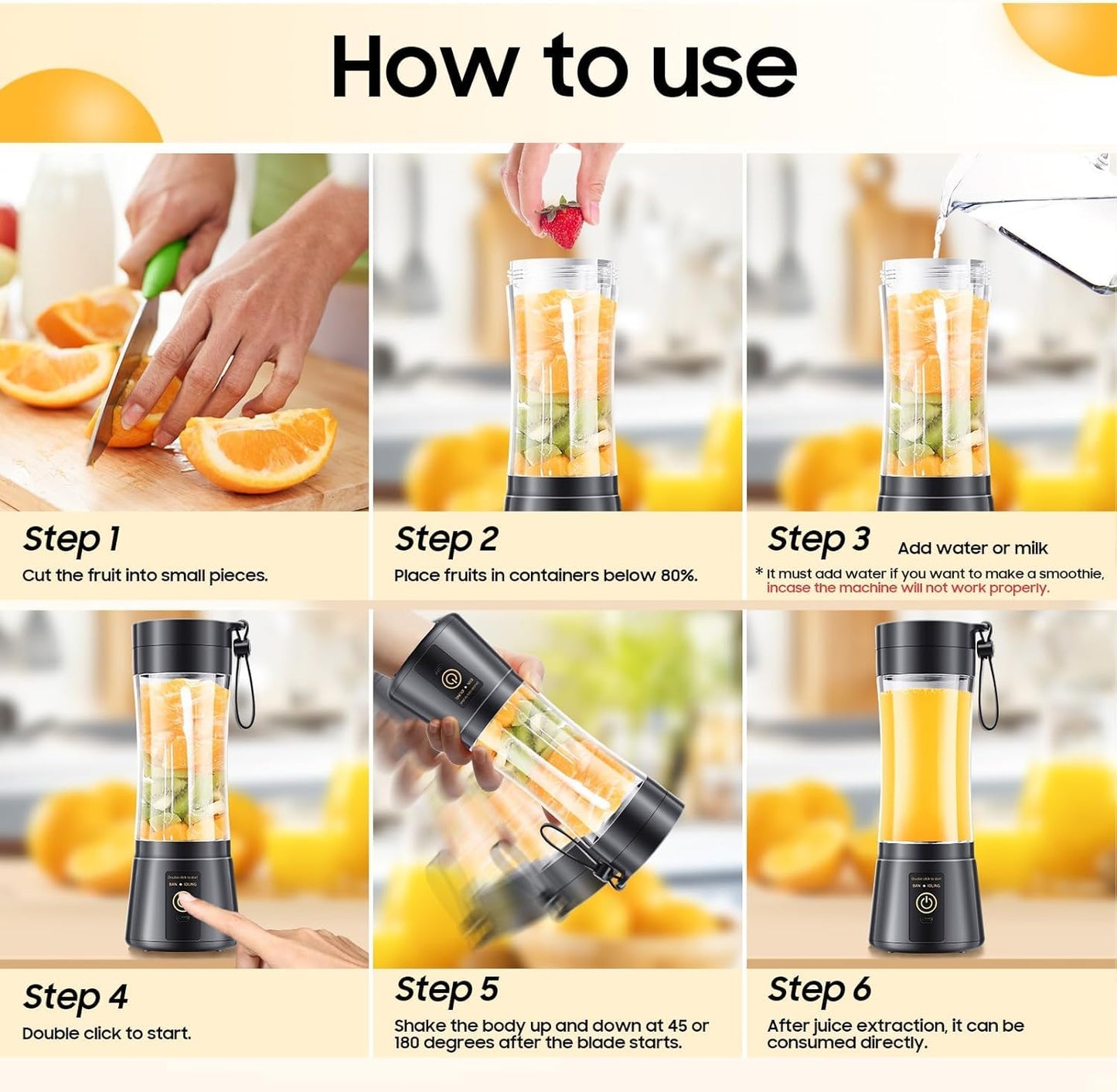 Portable Blender, Mini Personal Blender Bottles for shakes and smoothies, Cordless with USB Rechargeable To Go Mixer Electric juicer Cup for Fruit Juice Protein mixes Travel Juice Maker