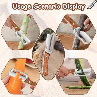 Multi-Functional Stainless Steel Vegetable Peeler with Wooden Handle & Bottle Opener