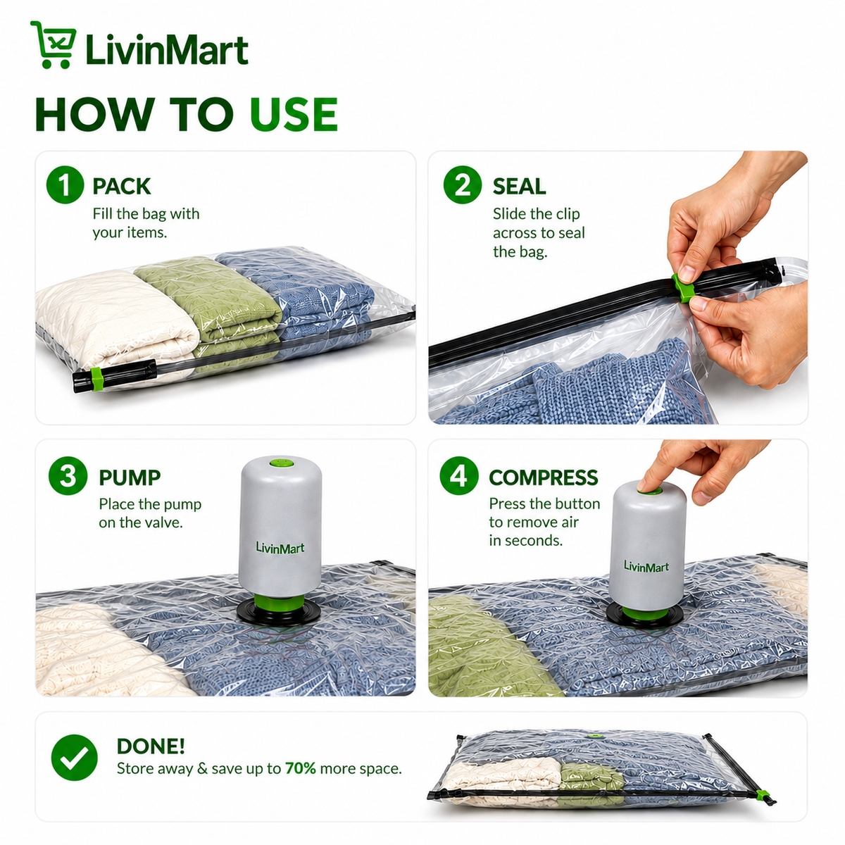 Vacuum Storage Bags With Pump - Pack of 5